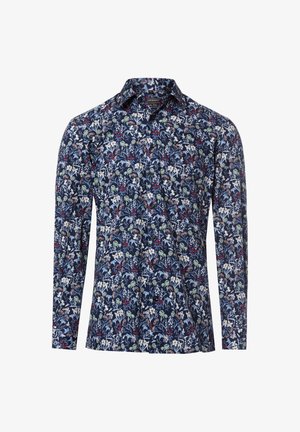 Camicia a maniche lunghe blu navy con una fitta fantasia floreale in toni bianchi, rossi e verdi.