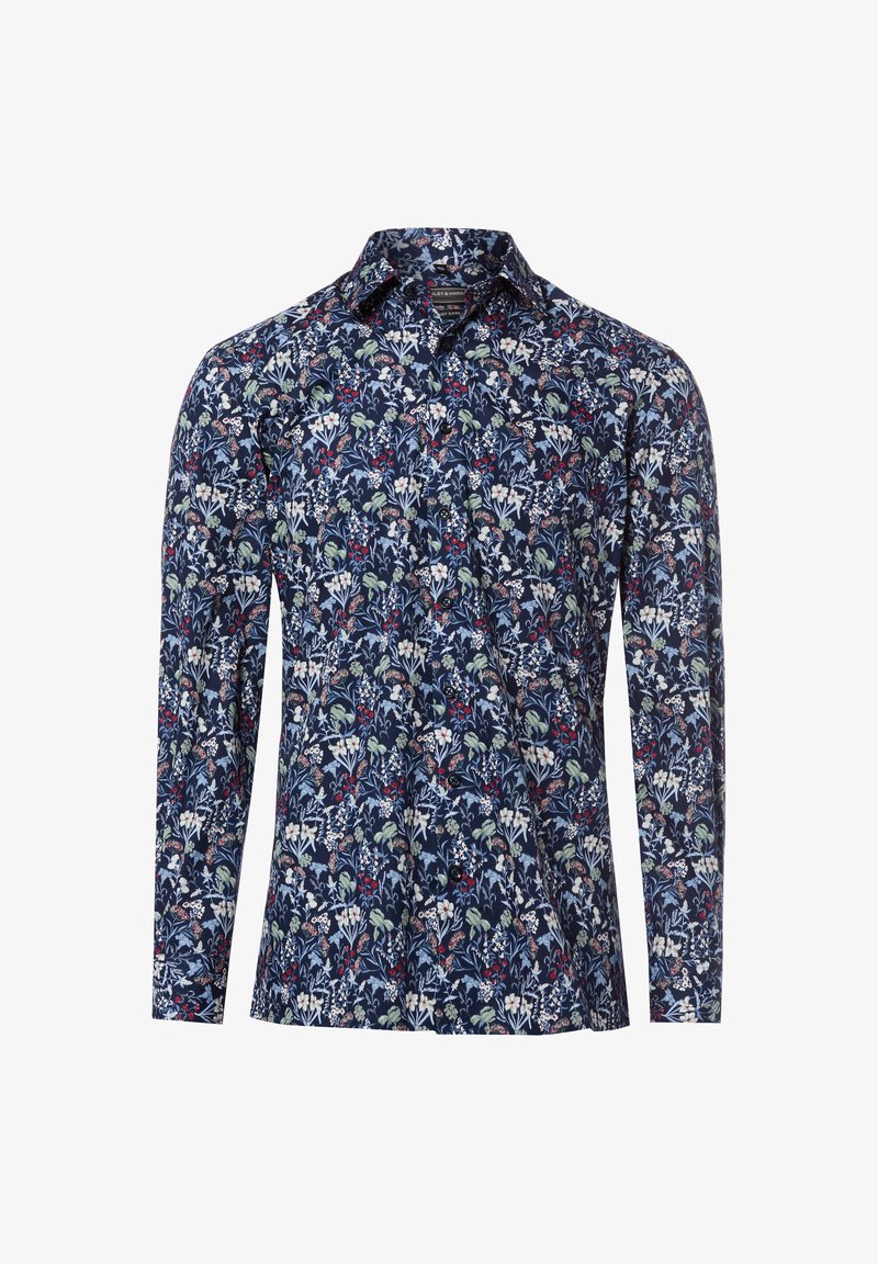 Granatowa koszula z długim rękawem zapinana na guziki z gęstym, kwiatowym wzorem w odcieniach bieli, czerwieni i zieleni.