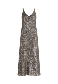 Robe longue sans manches en sequins de couleur argent sombre scintillante, avec un décolleté en V et des bretelles spaghetti, arborant une silhouette fluide en A.