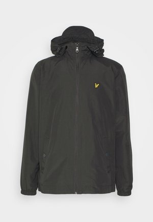 Black lightweight jacket with a zip front, adjustable hood, elastic cuffs, two side pockets, and a small yellow logo on the chest.