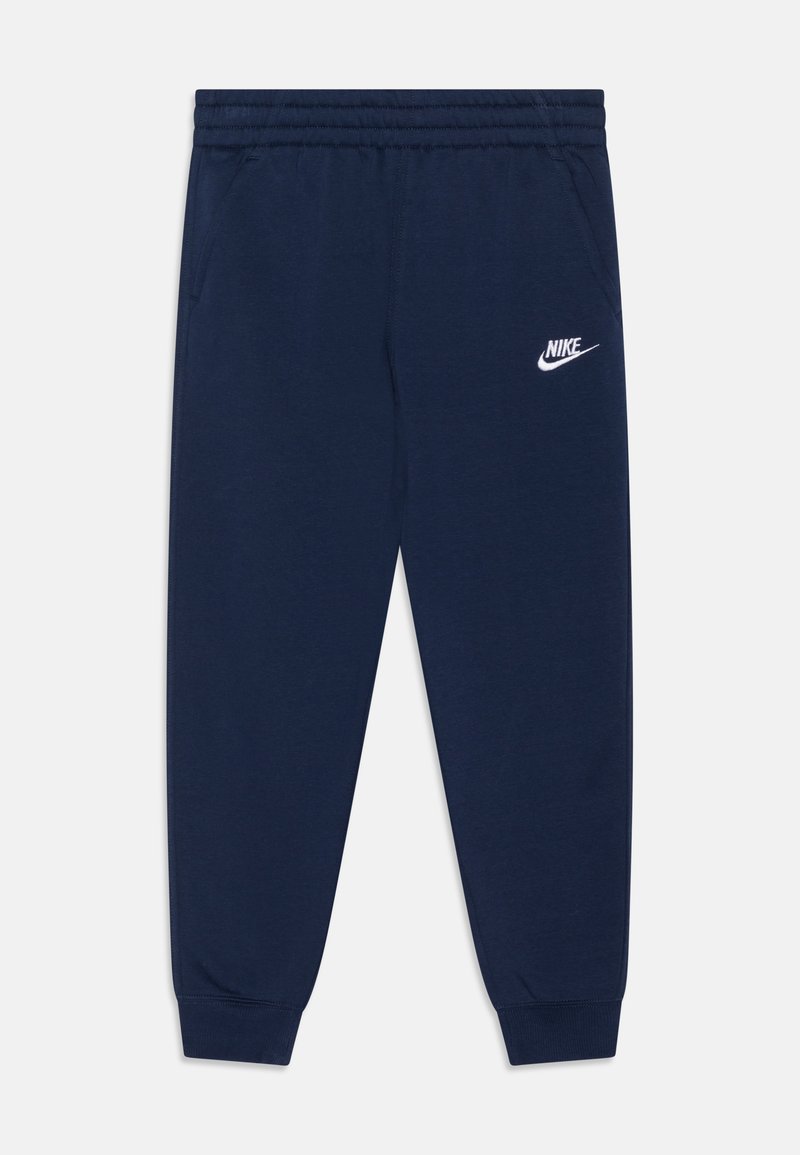 Marineblaue Jogginghose aus leichtem Material mit elastischem Bund, seitlichen Taschen und einem weißen Nike-Logo auf dem linken Oberschenkel. Mit Bündchen an den Knöcheln.