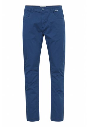 Blaue Baumwollchinos mit glattem Material, schlankem Schnitt und Knopfverschluss. Mit Fronttaschen und leichten Nähakzenten ausgestattet.