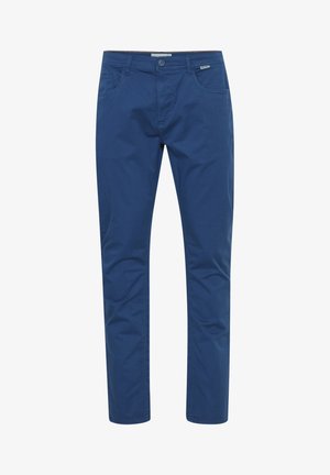 Blaue Baumwollchinos mit glattem Material, schlankem Schnitt und Knopfverschluss. Mit Fronttaschen und leichten Nähakzenten ausgestattet.