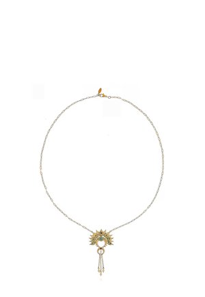 Delicate gold chain necklace with sunburst pendant adorned with green and red stones, and two small dangling chains.