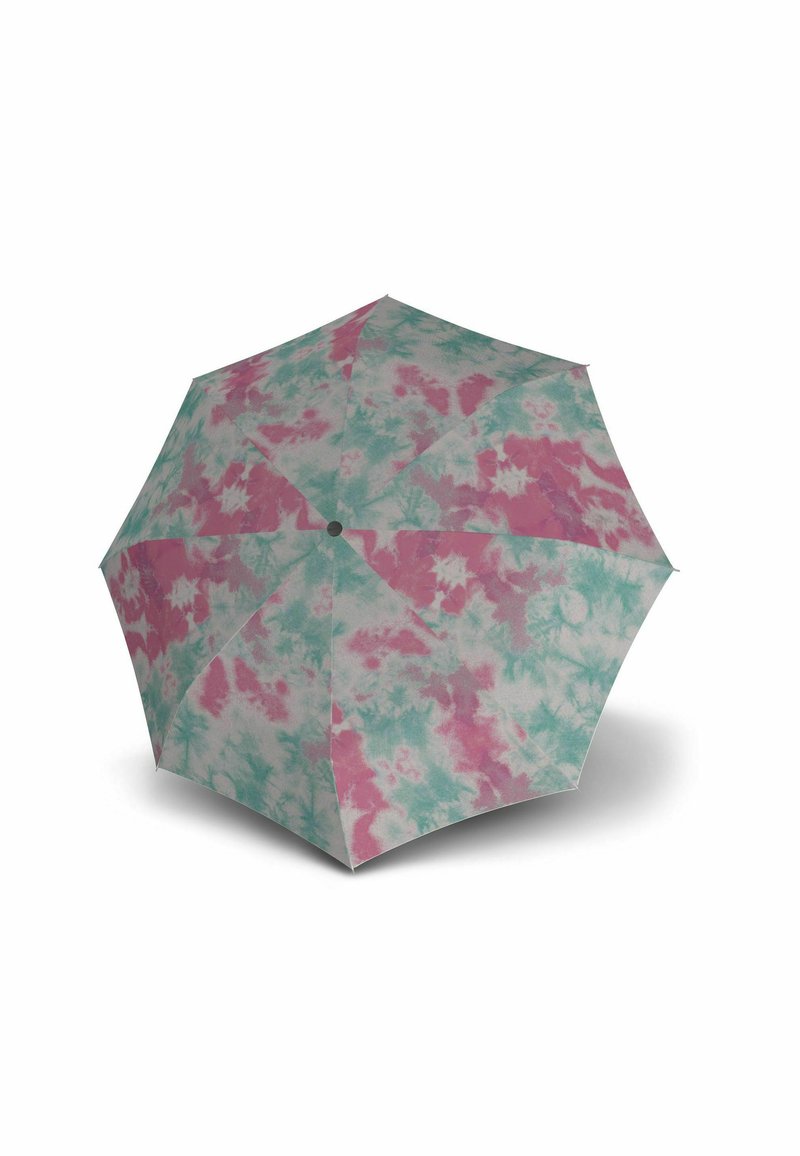 Paraguas con un patrón de batik en rosa y azul verdoso, con una perla negra redonda en la parte superior, hecho de tela ligera.