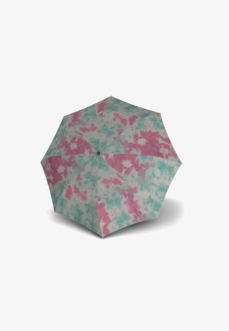 Paraguas con un patrón de batik en rosa y azul verdoso, con una perla negra redonda en la parte superior, hecho de tela ligera.