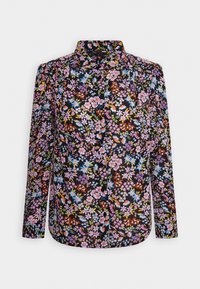 Bloes met bloemenprint op een zwarte achtergrond, voorzien van kleurrijke bloemmotieven in roze, blauw en geel. Lange mouwen met een kraag.