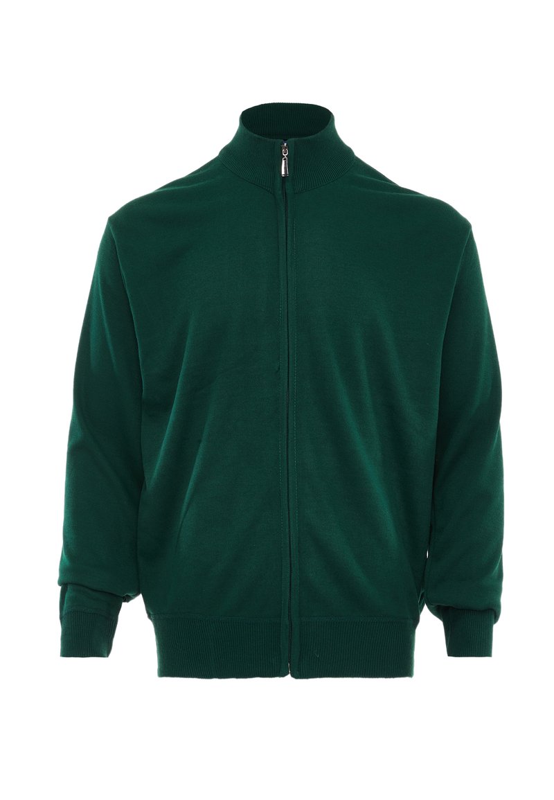 Maglione verde con zip e colletto alto, realizzato in un tessuto morbido. Presenta polsini e orlo a costine, con una consistenza liscia in tutto il capo.