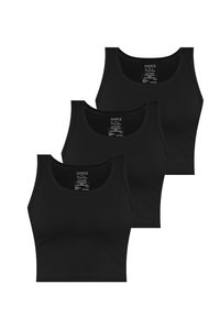 Three black cotton tank tops with wide straps, rounded necklines, and a smooth texture. Each features a label at the back.