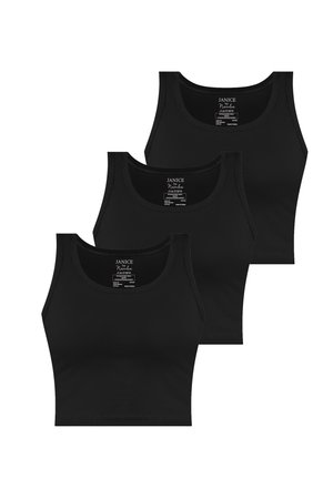 Three black cotton tank tops with wide straps, rounded necklines, and a smooth texture. Each features a label at the back.