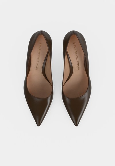 Paire d'escarpins en cuir noir à bout pointu, vus de dessus sur un fond blanc uni.