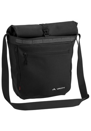 Sac messager noir avec un design enroulable, une sangle ajustable, une poche zippée à l'avant, un matériau imperméable et des accents réfléchissants. Logo en bas.