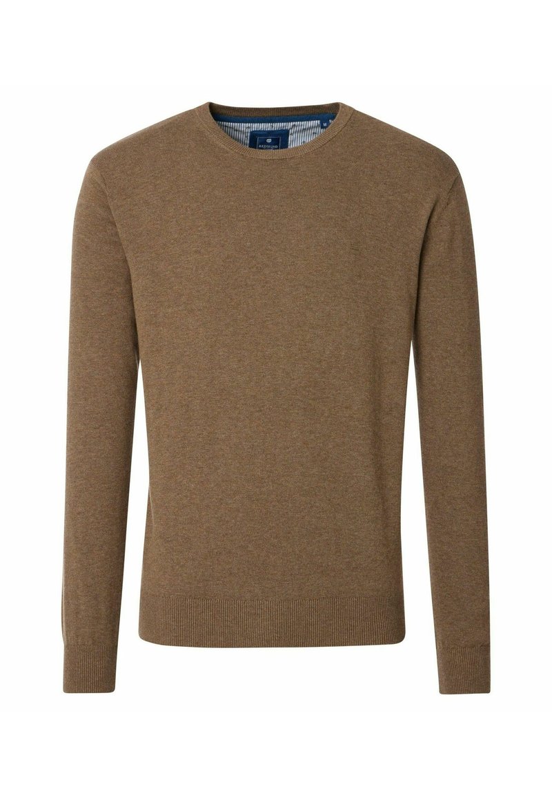 Brauner, gestrickter Pullover mit Rundhalsausschnitt, langen Ärmeln und gerippten Bündchen. Der Stoff ist glatt und weist eine gleichmäßige Textur auf.