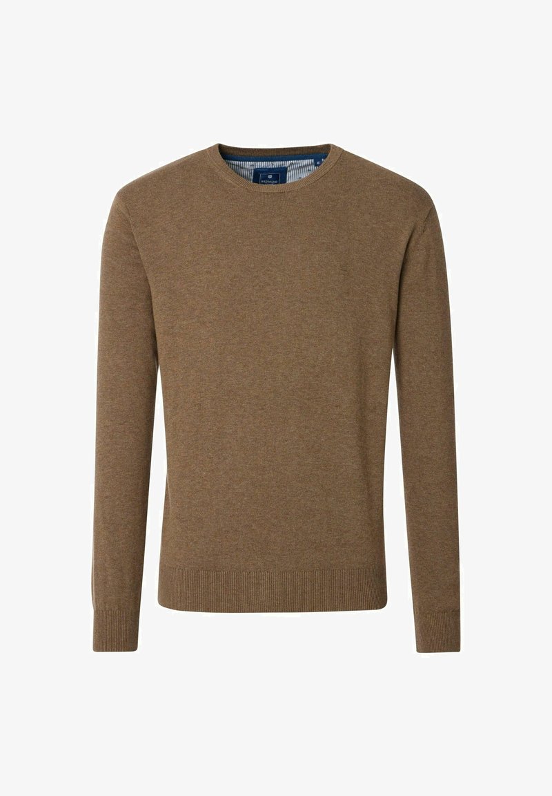 Brauner, gestrickter Pullover mit Rundhalsausschnitt, langen Ärmeln und gerippten Bündchen. Der Stoff ist glatt und weist eine gleichmäßige Textur auf.