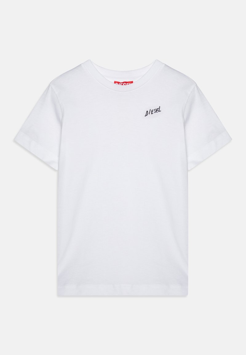 T-shirt en coton blanc à manches courtes, col rond, avec un petit logo noir "DIESEL" brodé sur la poitrine gauche.