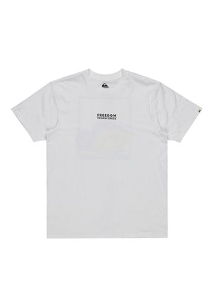 White cotton t-shirt with a crew neck, featuring a black print that says "FREEDOM FROM CHAOS" on the front. Simple design, short sleeves.