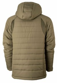 Olivgrüne Steppjacke mit Kapuze, mit einer gesteppten Textur und horizontaler Nahtführung. Weicher Stoff mit lässigem Schnitt und langen Ärmeln.