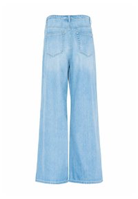 Light blue wide-leg jeans with an elastic waistband, two back pockets, and a smooth denim texture. Features a straight cut from waist to hem.