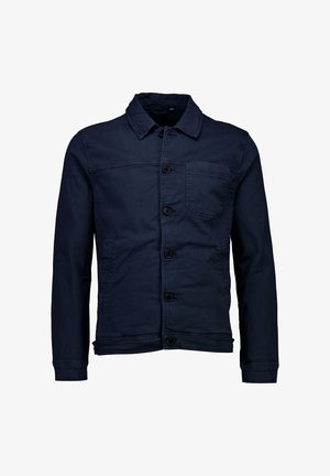 Marinblå denimjacka med långa ärmar, framknäppning, bröstficka och sidofickor. Har en standardkrage och en slät yta.