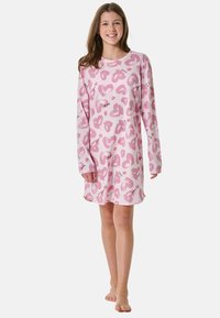 Pink long-sleeve nightdress with heart and floral patterns, made from soft fabric, featuring a relaxed fit and round neckline.