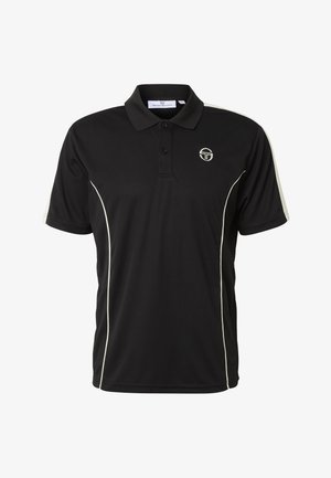 Svart kortermet poloshirt med hvit piping langs sidene og skuldrene, to-knapps slag og liten hvit logo på venstre bryst.
