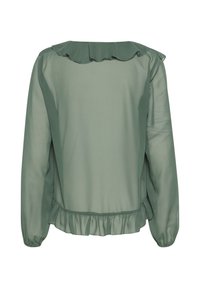 Blusa verde trasparente con colletto e orlo arricciato. Caratterizzata da maniche lunghe e una vestibilità ampia, che mette in risalto la texture e il design a strati.