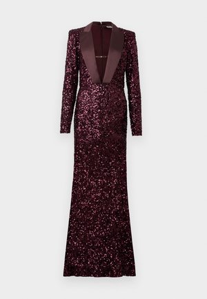 Burgundy sequin evening dress with long sleeves, deep V-neck, satin lapel, and fitted silhouette, featuring a concealed back zipper.