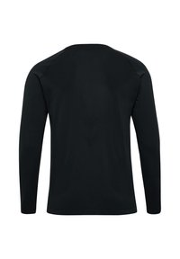 Zwarte lange mouwen t-shirt met een ronde hals, gemaakt van een gladde, elastische stof. Heeft een naadloos schouderontwerp en een relaxte pasvorm.