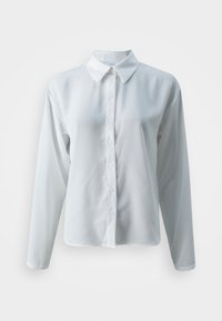 White long-sleeve shirt made of smooth, lightweight fabric. Features a classic collar and front button closure, with a slightly relaxed fit.