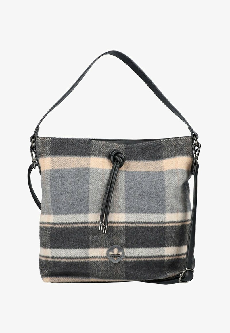 Sac à main à carreaux gris et beige en laine, doté d'une bandoulière en cuir noir, d'un nœud décoratif et d'un logo circulaire sur le devant.