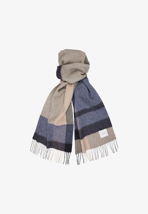 Wollen sjaal met een geruit patroon in grijs, navy en beige. Afgewerkt met franjes aan de randen en een klein label aan één uiteinde.