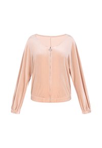 Giacca in velour rosa chiaro con zip, colletto rotondo e maniche lunghe. Presenta una cerniera argentata e orli ed elastici alle maniche. Texture liscia.