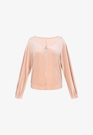 Giacca in velour rosa chiaro con zip, colletto rotondo e maniche lunghe. Presenta una cerniera argentata e orli ed elastici alle maniche. Texture liscia.