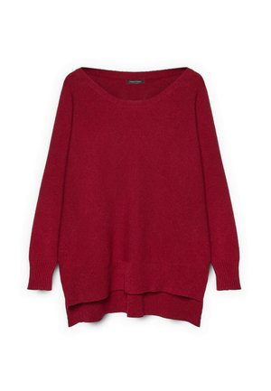 Czerwony dzianinowy sweter z szerokim dekoltem, długimi rękawami i luźnym fasonem. Charakteryzuje się warstwowym wykończeniem dołu oraz fakturowaną tkaniną.