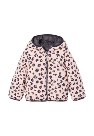 Rosa wattierte Kapuzenjacke mit schwarzem und braunem Leopardenmuster und Frontreißverschluss, dargestellt vor weißem Hintergrund.