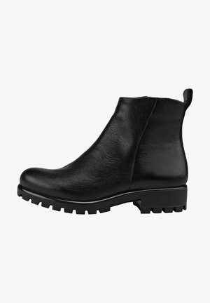 Black leather ankle boot with a smooth texture, rounded toe, and a chunky rubber sole featuring deep treads, designed for durability and grip.