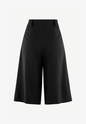 Svarta vida byxor med veckad front, hög midja och slät tygkvalitet. Har en ren, minimal design utan synlig hårdvara.