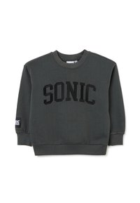 Sudadera gris con "SONIC" en gran bordado negro en la parte frontal. Cuenta con puños y dobladillo acanalados y un pequeño parche de marca en la manga.
