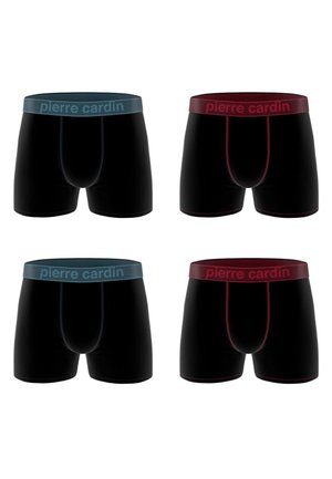 Quatre paires de caleçons boxer noirs avec des ceintures et des coutures contrastantes en bleu et rouge, étiquetées "pierre cardin".