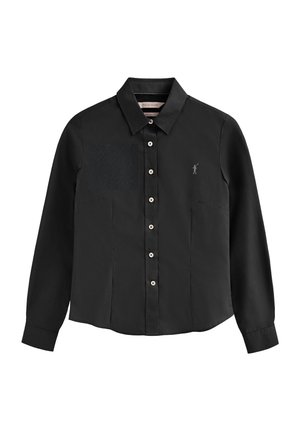 Camicia nera a maniche lunghe con colletto, chiusura con bottoni, patch testurizzato sul lato sinistro del petto e logo ricamato sul lato destro.
