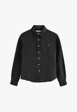 Camicia nera a maniche lunghe con colletto, chiusura con bottoni, patch testurizzato sul lato sinistro del petto e logo ricamato sul lato destro.