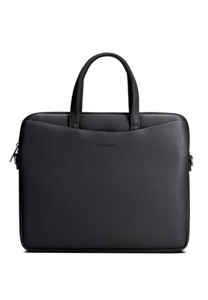 Valigetta in pelle nera con doppia maniglia, chiusura con zip e logo "WITTCHEN" impresso al centro frontale.