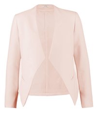 Jasnoróżowa marynarka, z otwartym przodem, długimi rękawami, gładką tkaniną, bez zapięć, z dwoma bocznymi kieszeniami i lekko dopasowanym krojem.