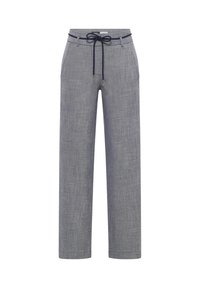 Pantalon en mélange de lin gris clair à coupe ample, taille à cordon de serrage et texture subtile. Présente des accents métalliques aux extrémités du cordon.