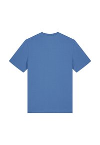 Blauwe T-shirt met korte mouwen van katoen. Heeft een klassieke ronde hals en een soepele textuur. Effen achterkant zonder patronen of accenten.