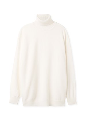 Turtlenecktröja i mjukt vitt tyg, med ribbad krage och muddar, avslappnad passform, långa ärmar och rak fåll.