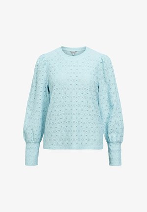 Blusa azzurro chiaro con maniche lunghe a sbuffo, tessuto con trama caratterizzata da piccoli motivi floreali e scollo rotondo.