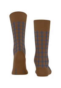 Braune Socken mit einem blauen Karomuster, gerippten Bündchen und glatter Textur. Entworfen für Komfort und Langlebigkeit.