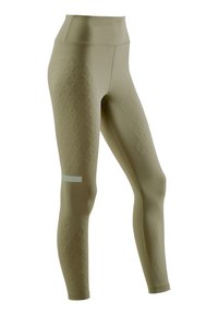 High-waisted athletic leggings in olive green with diamond texture pattern, featuring a reflective white accent on the lower leg.