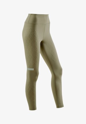 High-waisted athletic leggings in olive green with diamond texture pattern, featuring a reflective white accent on the lower leg.